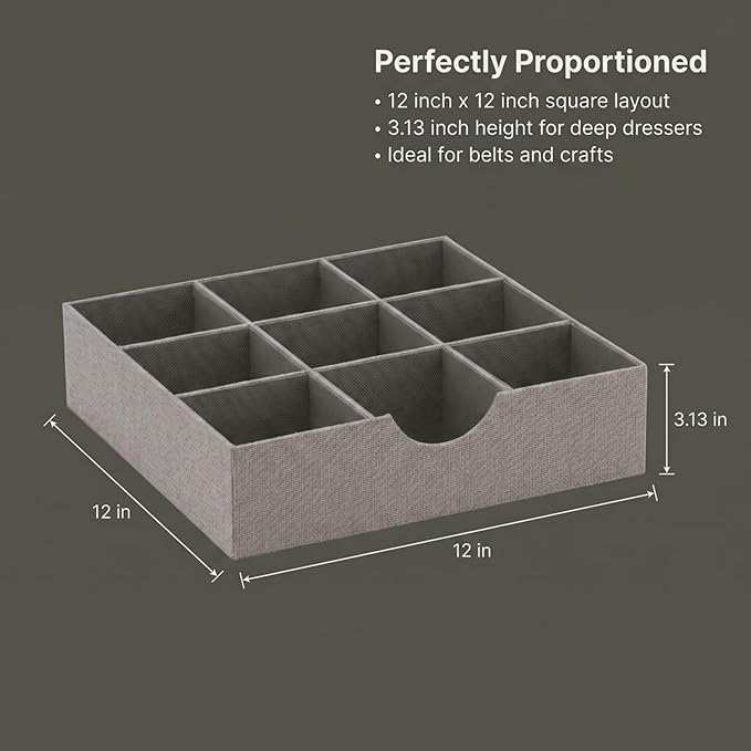 Household Essentials Grey 728-1 Deep 9 Section Drawer Organizer Box for Storage 12 in x 3.13