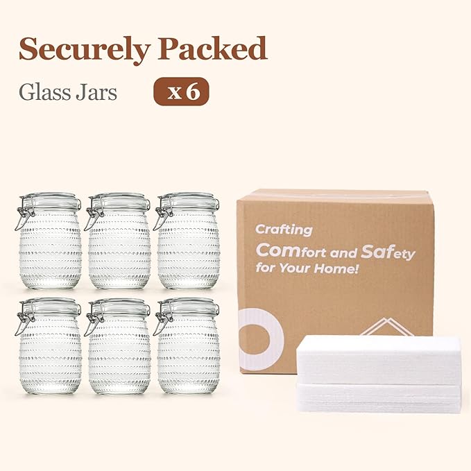 ComSaf 34oz 6 Pack Vintage Hobnail Glass Storage Jars with Airtight Clamp Lids, 1000ml Wide Mouth Clear Canister Set for Coffee Beans, Sugar, Snacks, Pasta, Pickling and Countertop Pantry Organization