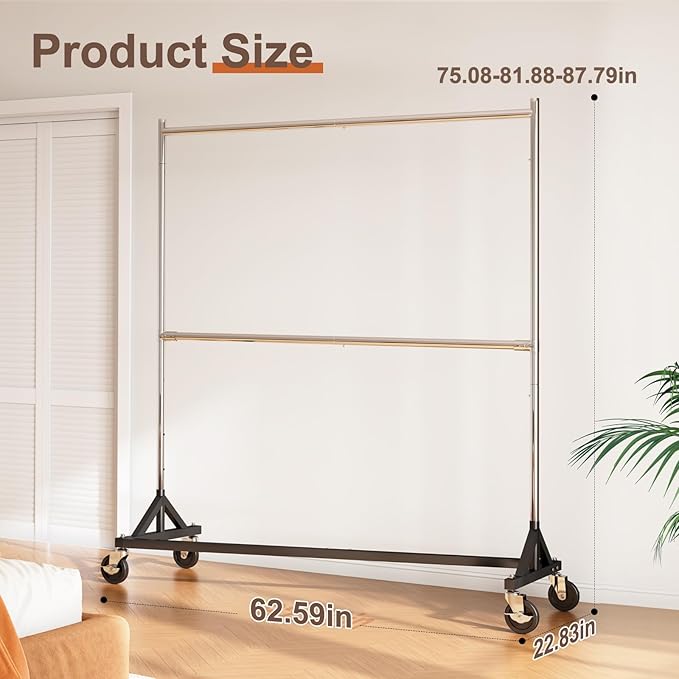 HOKEEPER Z Rack for Clothing Heavy Duty Clothes Rack Hold 550 LBS Commercial Garment Rack with Wheels Rolling Portable Z Base Rack for Bedroom, Laundry Room, Balcony 22.8"D x 62.6"W x 87.8"H 2 packs