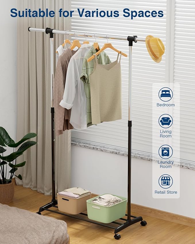 Whitmor Deluxe Adjustable Garment Rack - Rolling Clothes Organizer - Black and Chrome