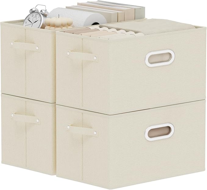 Foldable Cloth Basket with 4 Handles, Decorative Open Storage Boxes, Stackable Cube Organization, Fabric Bins for Shelves, Closet, Living Room, 13x9.1x7.9in, Beige, 4 Pack