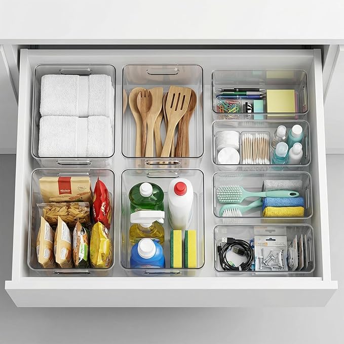 MOONEDGE 8 Pack Modular Clear Plastic Storage Organizer Bins โ 4 Large & 4 Narrow, Nestable Space-Saving System for Pantry, Kitchen, Fridge, Bathroom & Cabinet Organization - Versatile & Easy to Use