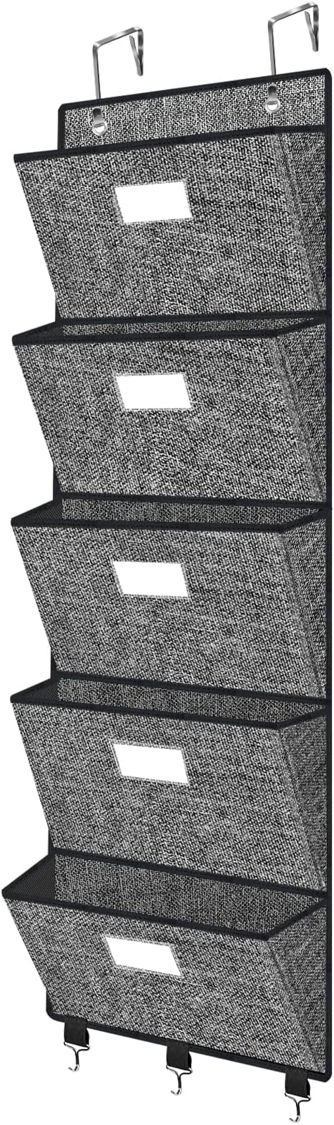 Homyfort Over the Door File Organizer, Hanging Wall File Folders with 5 Large Pockets for Papers, Charts, Mails, Magazine, Office and Back To Supplies Storage and Organization (Black)