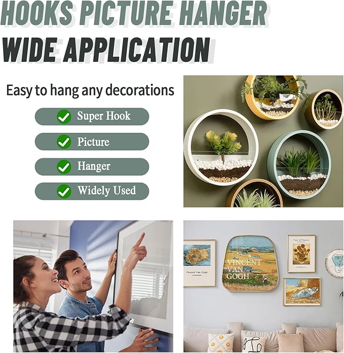 FURHUA 30pcs Super Hook Picture Hangers, Drywall Hooks for Hanging Pictures, Wall Hooks, Picture Hanging Kit,Hang Shelves, Mirrors, Art, Clock