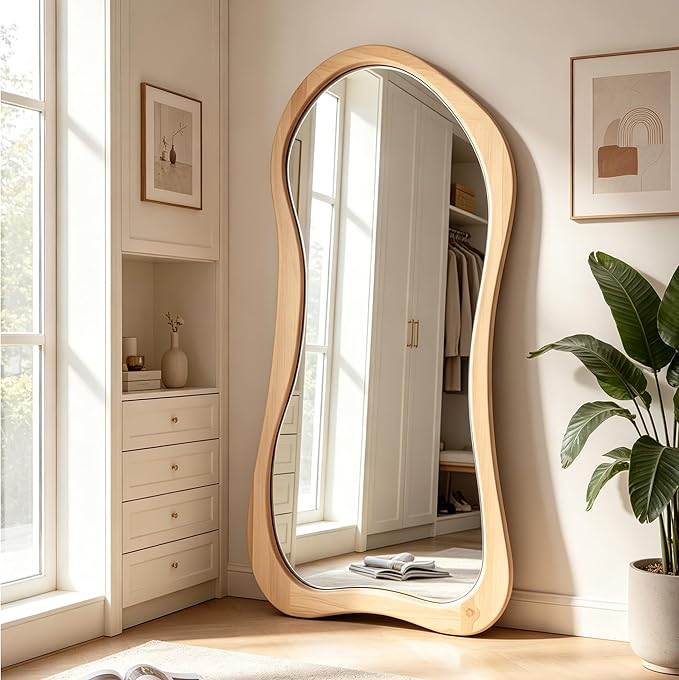 Large Irregular Mirror, 67"x31.5" Asymmetrical Full Length Mirrors with Solid Wood Frame, Organic Aesthetic Floor Mirror for Living Room Entryway Hallway Cloakroom, Leaning/Hanging