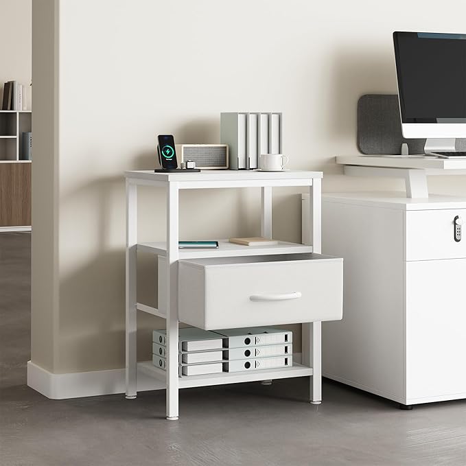DUMOS Bedside Table with Charging Station and an Adjustable Fabric Drawer, and it is a Compact Nightstand, as Well as a 3-Tier Storage Organizer and an End Table for Bedroom, White