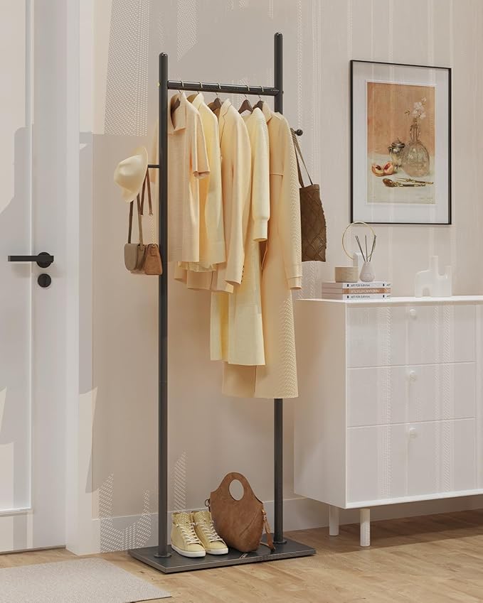 Large Metal Coat Rack Freestanding, Modern Coat Hanger Stand with 2 Hooks and Heavy Rock Slab Base, Industrial Clothes Rack, Garment Rack, 19.7 x 11.8 x 68.9 In, Black, GYJ202MB