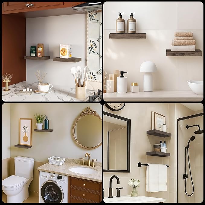 Floating Shelves for Wall, Bathroom Shelves Over Toilet, Wall Shelves & Book Shelf, Hanging Shelf, Modern Wooden Wall-Mounted Samll Floating Shelves, 12x7x1.5 in (Smoke-Gray, Set of 2)