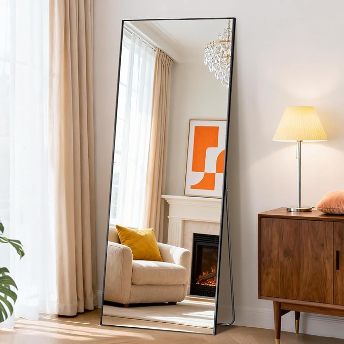 DUMOS 19"x58" Full Length Mirror with Stand, Floor Standing Aluminum Frame, Shatter-Proof Nano Glass for Bedroom, Living Room, Cloakroom – Modern Simple Home Decor,Can Be Hanging or Leaning, Black