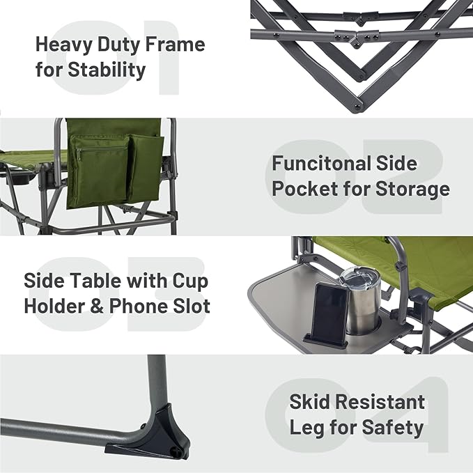 Timber Ridge Aluminum Camping Directors Chair with Side Table Pocket, Portable Folding Chair, Heavy Duty Lawn Chair for Fishing Trip Picnic Concert Outdoor 400lbs, Green