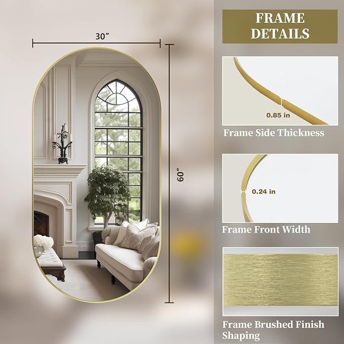 Oval Full Length Mirror, 60"×30" Wall-Mounted Mirror with Gold Frame in Shiny Gold, Ultra-Clear Explosion-Proof Dressing Mirror, Simple & Classic Deco for Cloakroom/Bedroom/Living Room