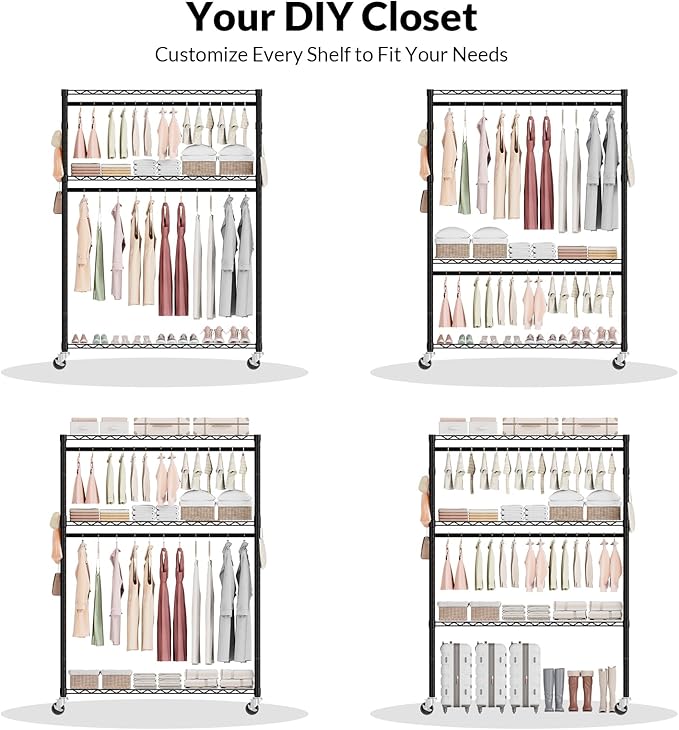 Rolling Clothes Rack Heavy Duty, Free Standing Garment Rack with Wheels, Portable Closet Rack, Closet Organizer System with 35.4" W x 15.7" D x 76" H, Max Load 500Lbs (Black)