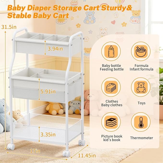3-Tier Diaper Caddy Organizer & Rolling Cart,Metal Utility Cart with 4+2 Dividers & Lockable Silent Casters, Mobile Storage Cart for Nursery Essentials, Multi-Purpose for Kidsroom Changing Table