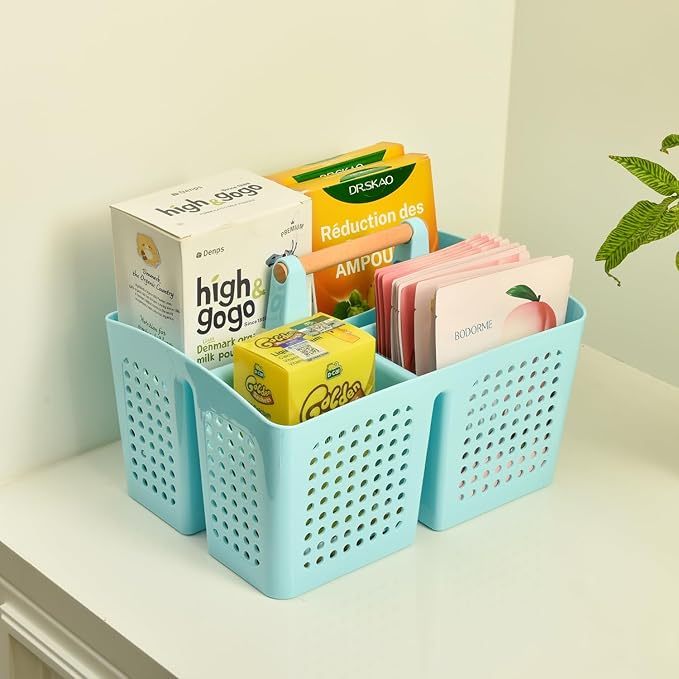 Portable Shower Caddy Basket with Wood Handle, 3-Compartment Bathroom Organizer Tote with Drain Holes, Plastic Shower Basket for Dorm, Toiletries, Cleaning Supplies, White