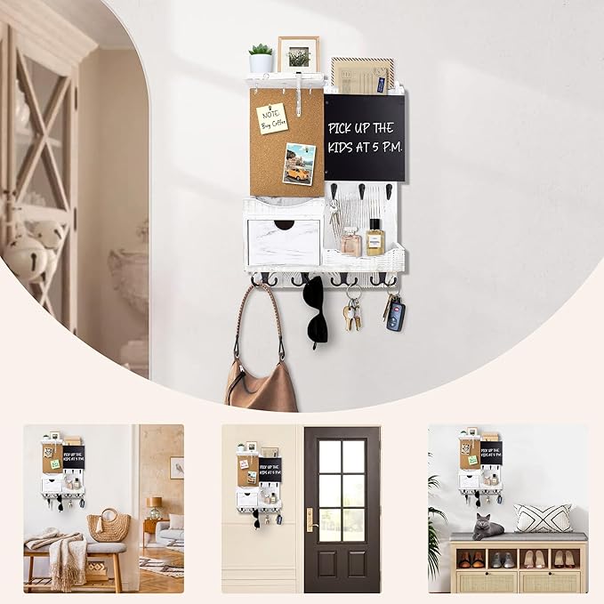 Key Holder Wall Mount, Mail Organizer Key Holder for Wall with Shelf, Drawer, Chalkboard, Corkboard, Home Decor Wall Mounted for Room Entryway(Whitewashed)