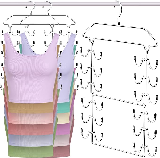 Closet Organizers and Storage,Tank Top Hanger 6 Tier Double Space Saving Bra Hangers,Dorm Room Essentials for Girls,Non-Slip Hanging Closet Organizer for Camisoles Sports Bras Strappy Dress Swimsuits