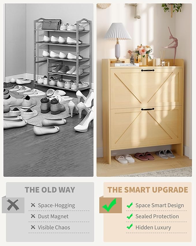Shoe Cabinet Organizer with 2 Flip Drawers, Freestanding Narrow Shoe Rack for Entryway, Freestanding Hidden Shoe Storage Cabinet for Entryway, Hallway, Living Room, Bedroom, Natural