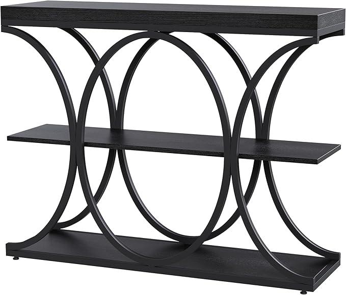 Garvee 39" Narrow Console Tables for Entryway, Industrial 3-Tier Sofa Table with Round Metal Base and Storage Shelves for Living Room, Hallway, Foyer, Black Wood Grain