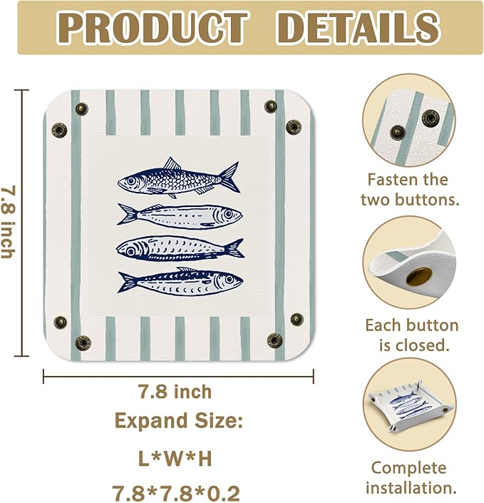 Coastal Beach Sardine Fish Jewelry Valet Tray for Women, Fish Gifts PU Leather Catchall Beside Caddy Nightstand Organizer Tray for Jewelry Rings Watches Keys and Accessories, 7.87x7.87in
