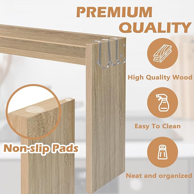 Over the Stove Shelf, Wood Stove Top Shelf, 31.5" Stove Top Organizer Shelves with 6 Hooks,11.5" Height Over Stove Spice Rack for Kitchen, White Oak