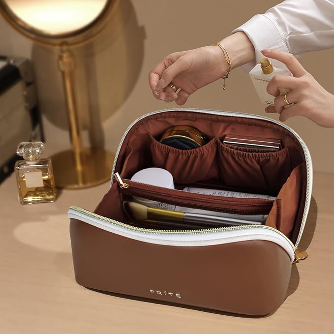 Prite Makeup Bag for Women Travel Waterproof Vegan Leather Cosmetic Bag Open Flat Toiletry Bag With Clear Divider and Handle (Dark Brown, Medium)