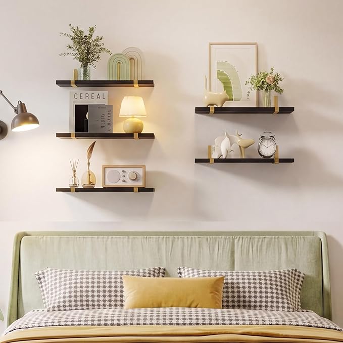 Fixwal Floating Black Gold Shelves Set of 5, Width 4.75 Inches Wall Shelves, Rustic Wood Wall Storage Shelves for Bedroom, Living Room, Kitchen, Bathroom, Home Decor, Laundry Room, Office and Plants