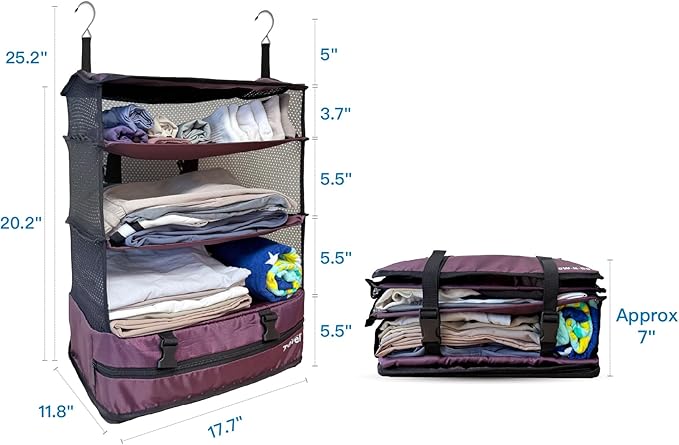 Grand Fusion Stow-N-Go Hanging Travel Shelves, Packing Organizer for Luggage. Carry on Closet for Suitcase. Expandable Packing Cube. Travel Essentials. (Burgundy, XL = (L) 17.7" x (W) 11.8")