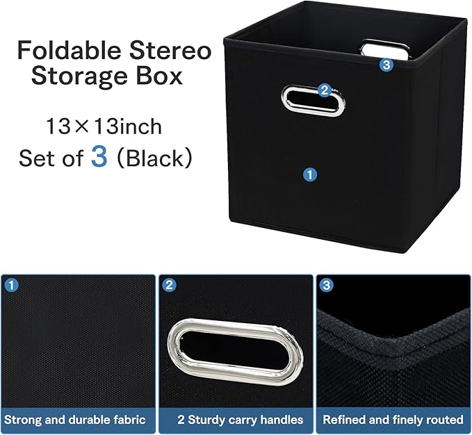 STOREONE 13 Inch Cube Organizer Bins ,Black Fabric Storage Bin,Foldable Storage Box Basket with Dual Handles Fabric Organizer Bins and collapsible Storage Boxes,Set of 3,Black