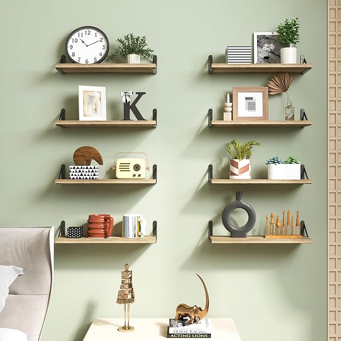 Fixwal Shelves for Room Wall, Width 4.75in Rustic Wood Wall Storage, Floating Shelves for Bedroom, Living Room, Kitchen, Bathroom, Office Decor and Plants Display (Set of 8 Carbonized Black)