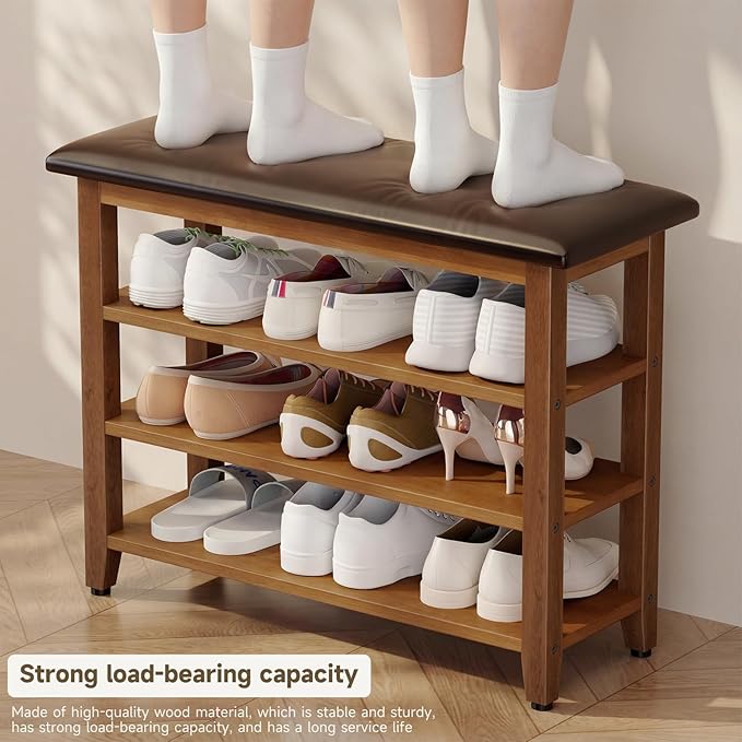 Shoe Bench with Leather Cushion,Wood Bench with Shoe Rack,3-Tier Shoe Storage Organizer for Entryway,Hallway,Living Room (3-Tier-31.5", Rubberwood)