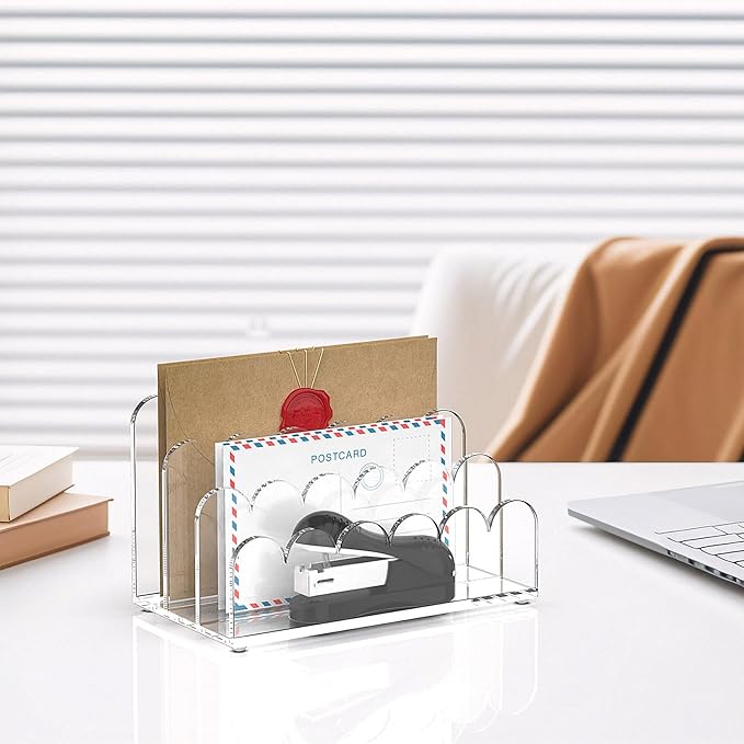 YAGELI 2 Pack 3-Slot Acrylic Mail Organizer for Desktop โ Scalloped Clear Document Sorter, Vertical File Holder for Office/Home, Space-Saving Desk Organizer for Letters,Envelope,Bills,Stationery
