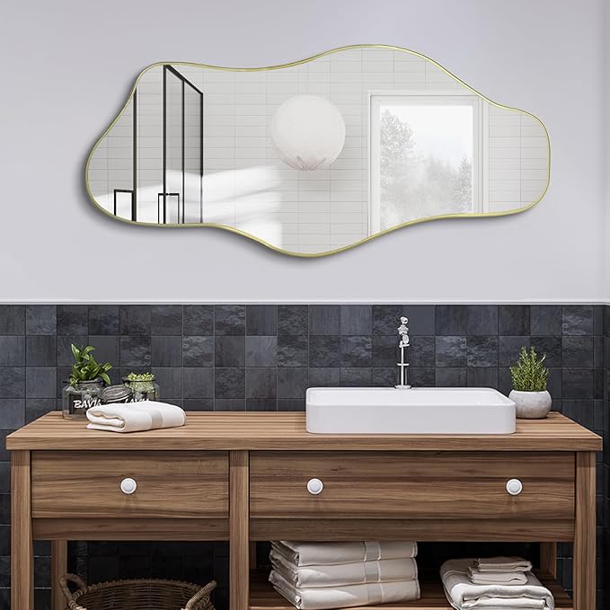 Irregular Wall Mirror, 54.5"x24" Asymmetrical Tempered Glass Mirror, Large Organic Shape Frameless Mirrors for Living Room Bedroom Hallway Entryway, Horizontal or Vertical Hanging