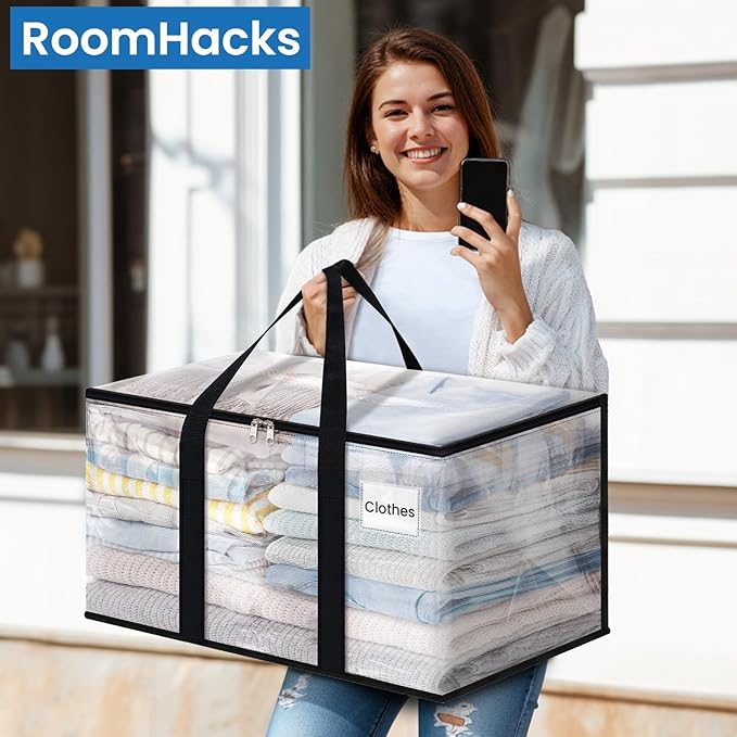 RoomHacks Clear Heavy Duty Extra Large Moving Supplies Storage Bags with Reinforced Handle and Double Zipper, Alternative to Moving Box (8 Packs)