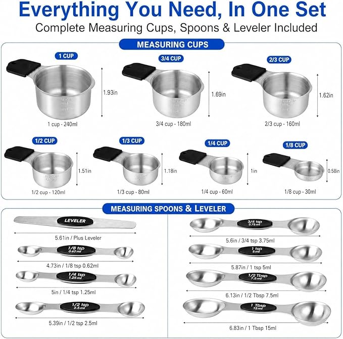 Magnetic Measuring Cups & Spoons Set, Strong N52 Magnets, Heavy Duty 304 Stainless Steel Fits in Spice Jars for Baking & Cooking, BPA Free, Round Set of 15 with Leveler,Dark Black