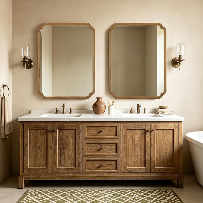 WallBeyond 36" x 48" Wood Bathroom Mirror for Wall Mounted, Rustic Rounded Corner Wood Frame Wall Mirror for Entryway, Living Room or Bedroom Home Decorative, Natural