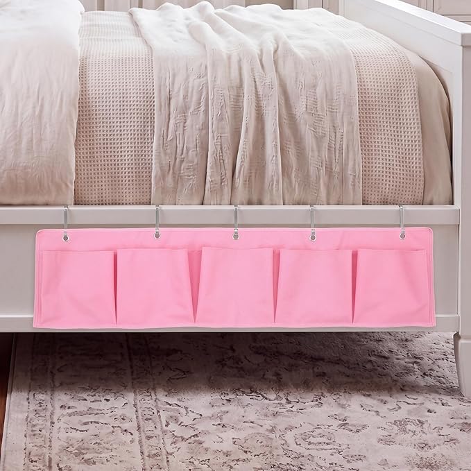 Extra Large Bedside Caddy Storage Bag 53 Inch Bedside Hanging Organizer Bedskirt Pocket Organizer Storage Bag Shoe Rv Pockets with Hook for Home Dormitory Hospital Camper Van Bunk Nursery Bed(Pink)