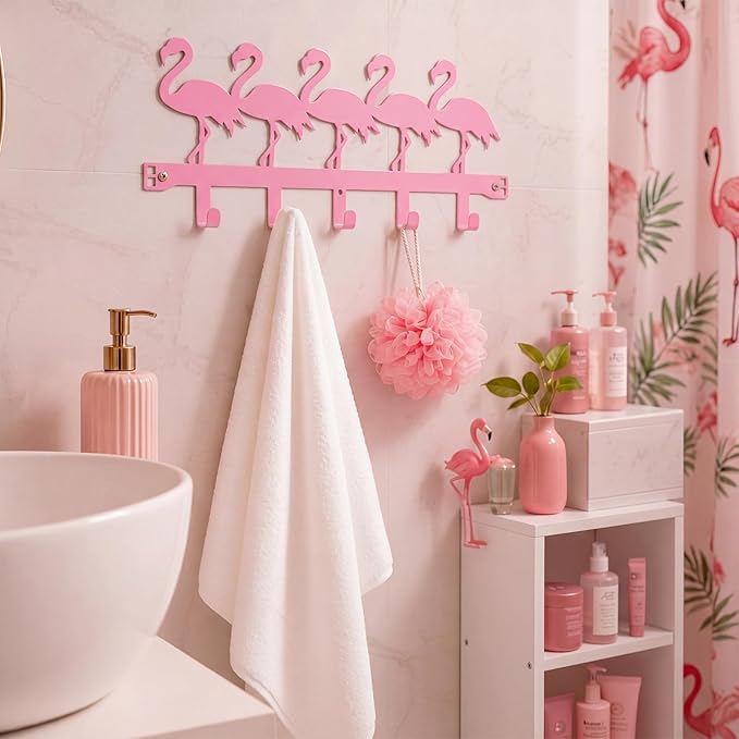 AceOrbit Pink Flamingos Over the Door Hooks Hanger Wall Mount Towel Hanger Door Holder Organizer 5 Hooks Farmhouse Rustic Kawaii Decor for Bedroom Bathroom Towel Hat Clothes