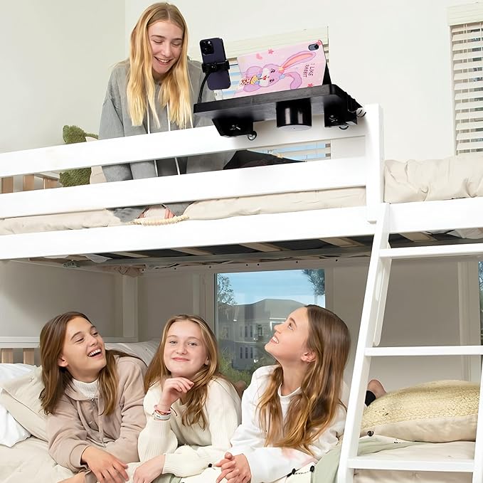 Bedside Shelf for Dorm Bed & Top Bunk, Bamboo Bed Side Table Tray with Cup Phone Holder & Hooks, Bedside Caddy, Clip on Nightstand Bedside Storage College Dorm Room Essentials (Black)