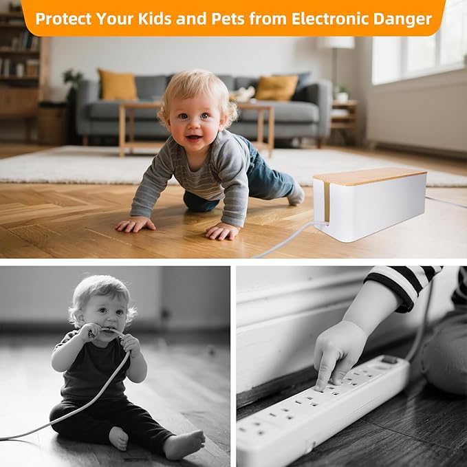 Cable Management Box 2 Pack, Cord Organizer for TV Cables Computer Wires, Under Desk Cord Hider with Bamboo Lid, Large Power Strip Cover for Home Office Router USB Hub, Child Proof Pet Proof - White