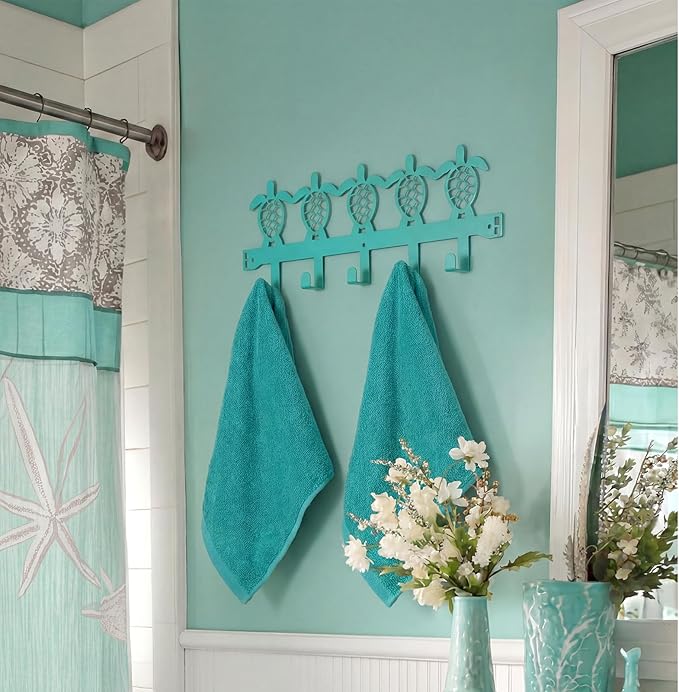 AceOrbit Sea Turtle Over The Door Hooks Teal Metal Beach Theme Coat Hooks Key Holder Nautical Coastal Wall Art for Hanging Towel Hat Clothes Keychain Bags Living Room Bathroom Home Decor