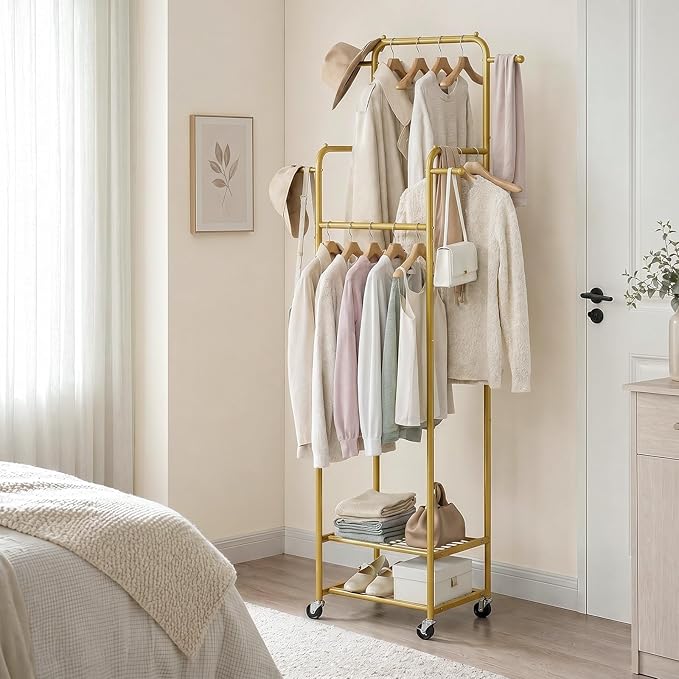 Clothing Rack with Wheels, 71" Portable Rolling Clothes Rack with 2 Shelves and 4 Hanging Rods, Small Garment Rack with 4 Hooks, Sturdy Metal Coat Rack for Bedroom, Laundry Room, Gold