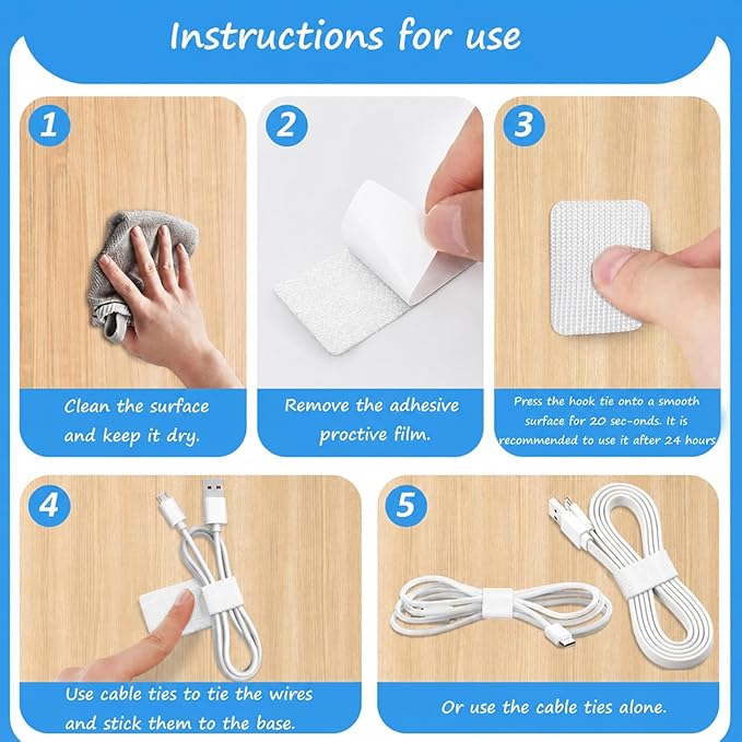 Under Desk Cable Management Set - 20 Pair Adjustable Hook and Loop Cable Ties with Adhesive Backing + 100 Pack 6 Inch Zip Ties, Complete Cord Organizer Kit for Home Office Desk Wire Management (White)