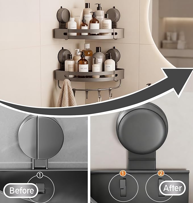 Suction Cup Shower Caddy(2-Pack Gray),Single 1.77 Inches High No-Drilling Aluminum Bathroom Organizer with Towel Bar & Hooks,Moder wall Shower Shelf and Storage Decor