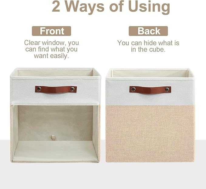 Bagnizer Storage Cubes, 4 Pack Linen Foldable Storage Bins with Clear Window and 2 Handles, 13x15x13 Storage Cube Bins for Shelf Closet, Kallax, Clothes, Books - (Beige / Off-White)