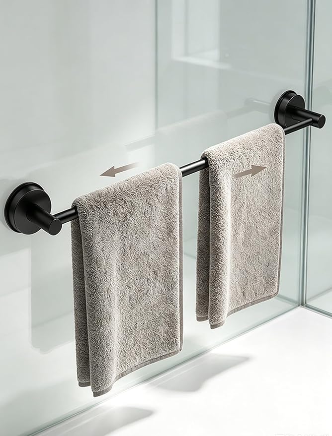 14.6 to 24 Inches No Drill Suction Cup Towel Bar for Shower Glass Door & Tile Wall, Stainless Steel Wall Mounted Towel Rack,Removable Bathroom Organizers & Storage for Renters Apartment (Matte Black)