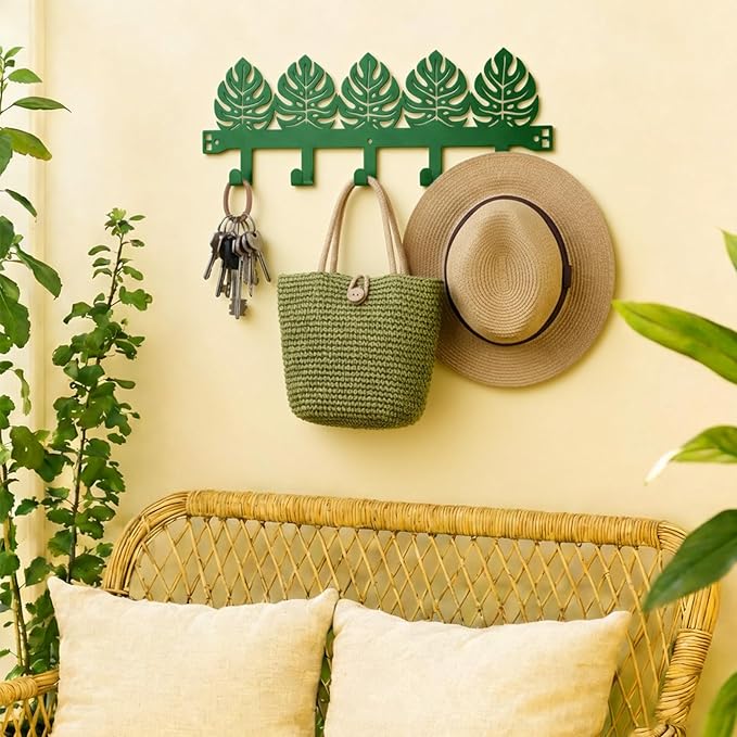 AceOrbit Green Monstera Leaf Over The Door Hooks Wall Mount & Door Tropical Palm Leaves Towel Hanger with 5 Hooks for Hanging Coat Key Clothes, Jungle Bedroom Bathroom Entryway Home Decor