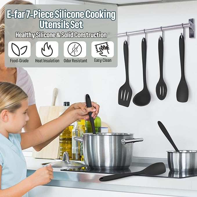 E-far Silicone Cooking Utensils Set, 7-Piece Black Heat Resistant Kitchen Utensils Set, Kitchen Nonstick Tools Spatula Ladle Spoon Pasta Server for Non-stick Cookware, Non-Toxic & Dishwasher safe