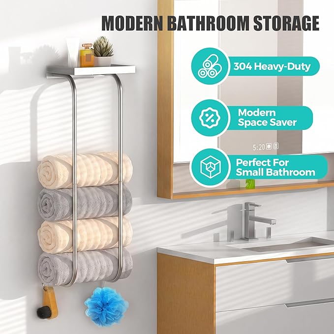 31" Towel Racks for Bathroom, Heavy-Duty Stainless Steel Holds 6 Large Rolled Towels,Wall Mounted Towel Holder with Shelf & Hooks,Extra-Wide Opening Wall Storage for Small Bathroom, Brushed Nickel
