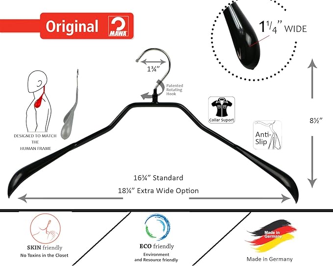 Mawa by Reston Lloyd BodyForm Series Non-Slip Space-Saving Clothes Hanger for Jackets, Suits and Coats, 16-1/2", Style 42/L, Red, Set of 2