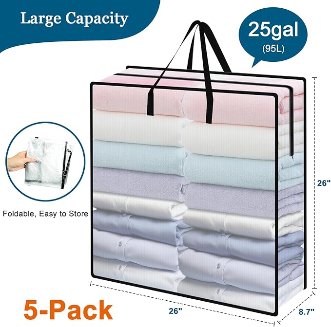 95L Under Bed Storage Bag, 5-Pack Clothes Storage Bag, Clear Bag for Quilt Pillow Blanket Bedding Storage or Wreath Closet Organizer Home Storage